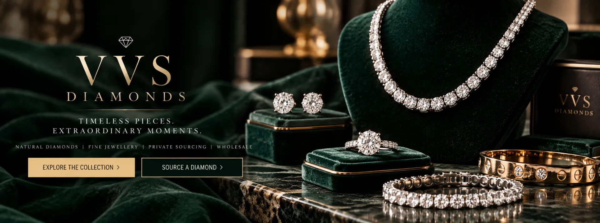 VVS Diamonds banner: diamond tennis necklace, solitaire ring, studs and bracelets on green velvet