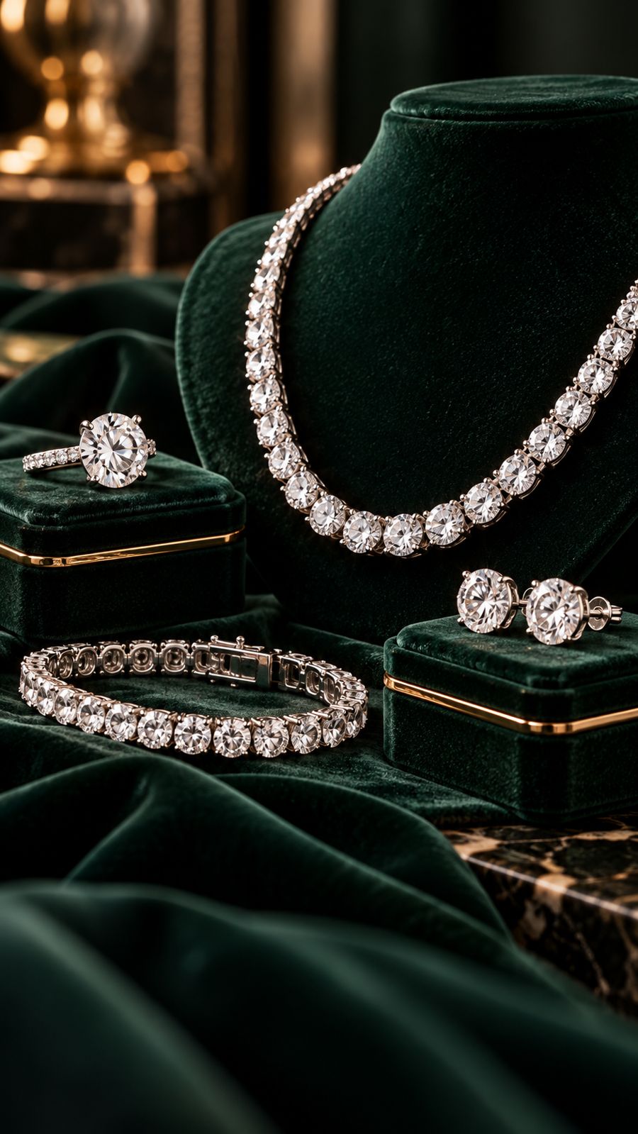 Diamond tennis necklace, solitaire ring, studs and tennis bracelet on emerald velvet